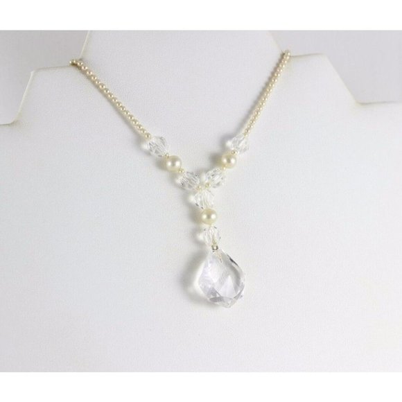 Sterling Silver Seed Pearl and Crystal Necklace 15 inch Chain Antique Victorian - Picture 1 of 9